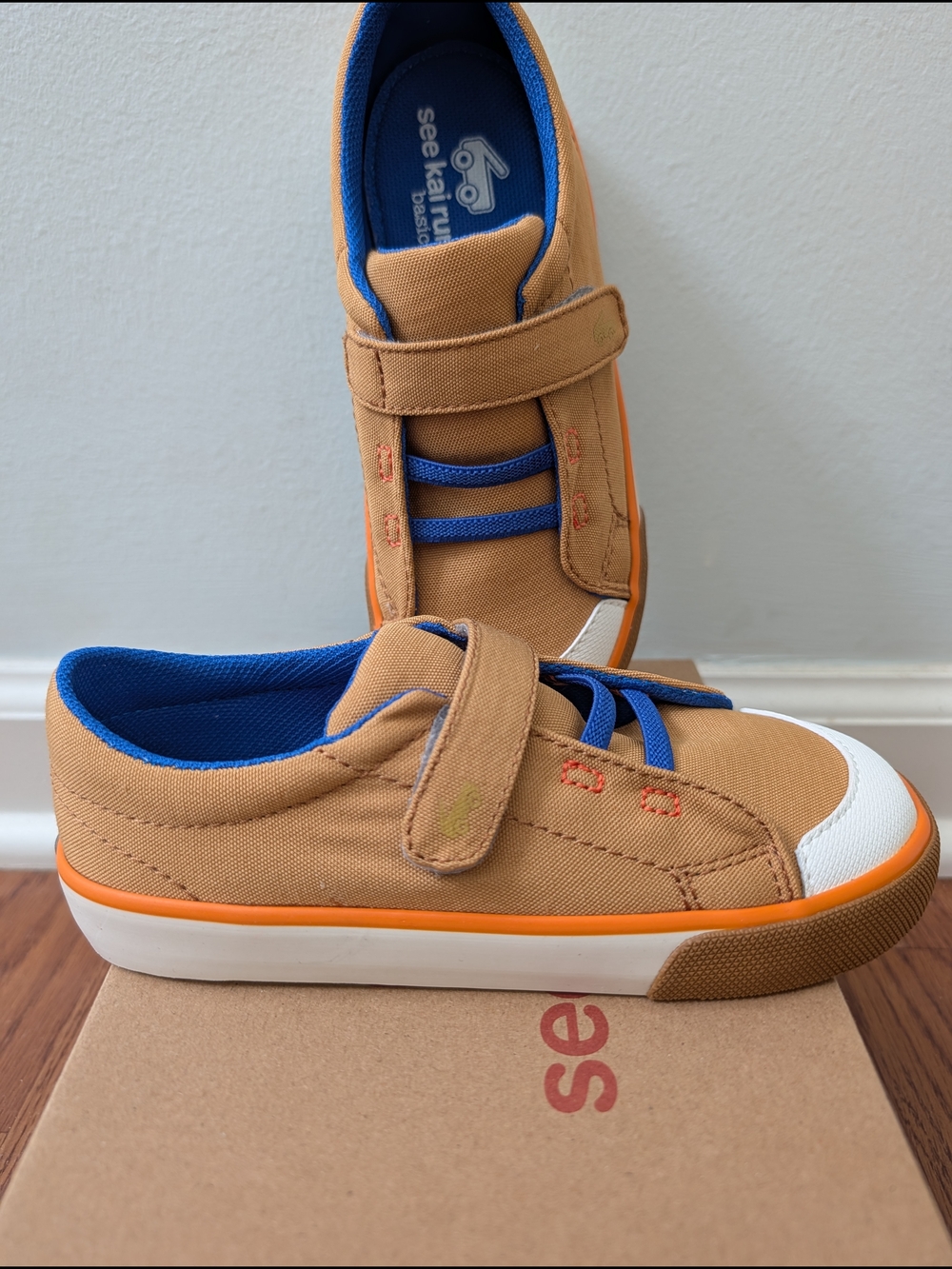 See Kai Run Kids' Khaki Canvas Sneakers w/ Blue Trim And Orange Accents Size 12